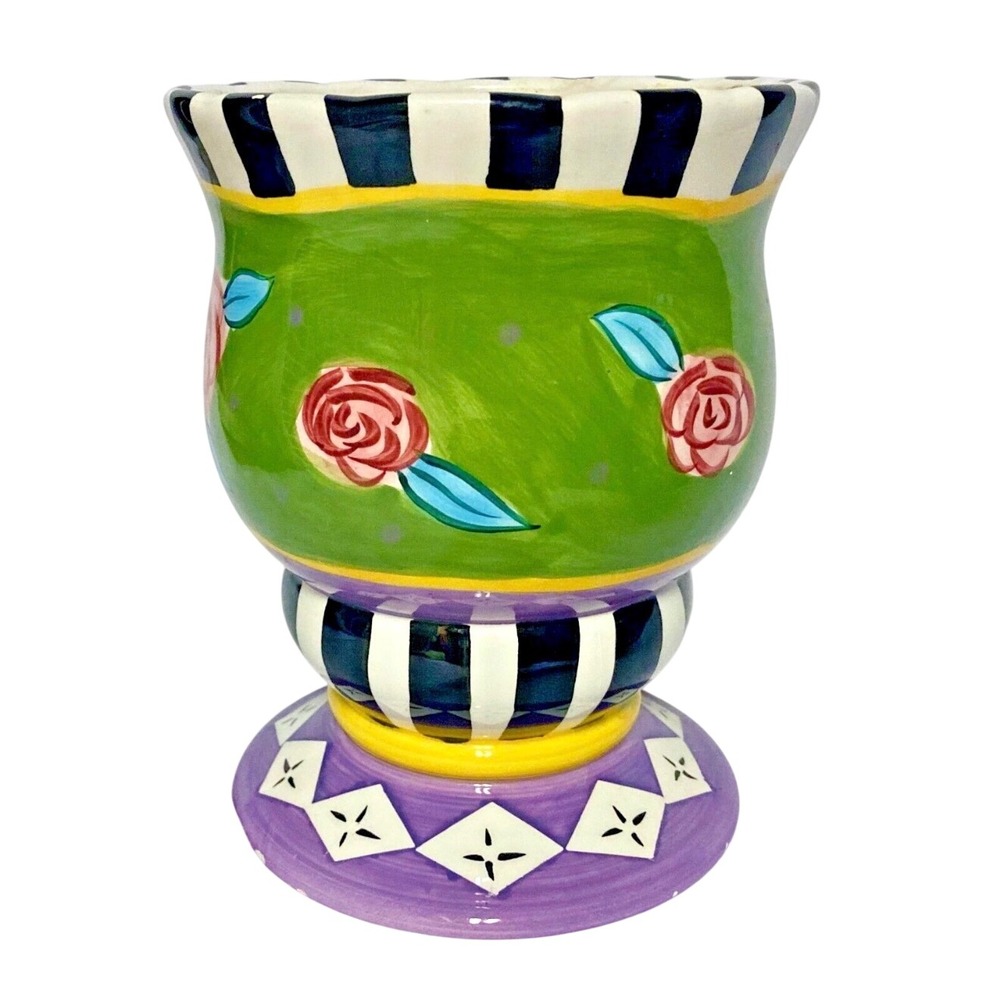 Vtg 1997 CBK Ltd LLC Hand Painted Ceramic Rose Stripe Pedestal Planter Vase